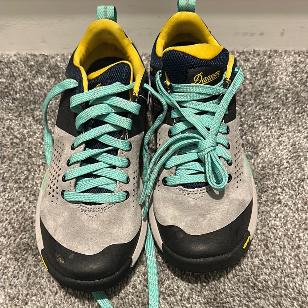 Danner Black and Gray Shoes with Aqua Laces